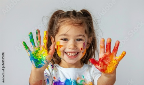 A cute little girl with her hands painted with colorful paint  concept of fun  children s day.