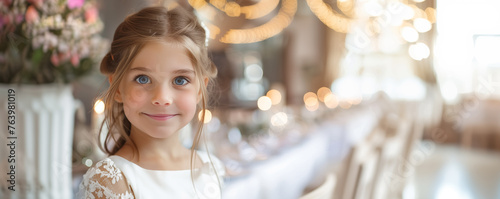 Beautiful young girl in white dress in restaurant celebrating her First  Holy Communion. Banner with copyspace. Shallow depth of field. photo