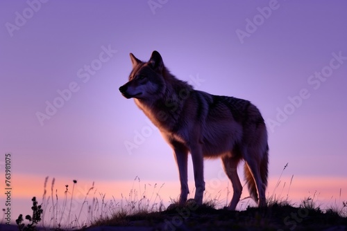 lone wolf on a hill  dusk colors framing it