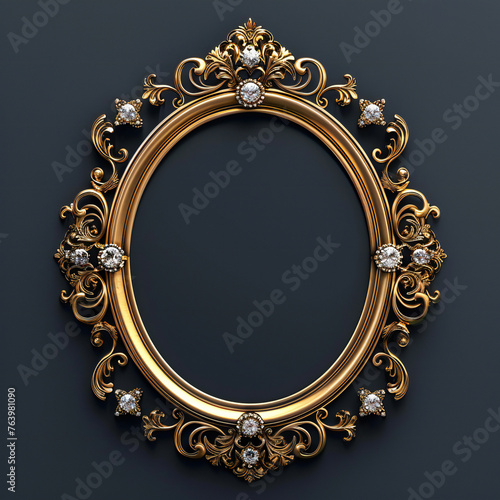 Antique round oval gold picture frame isolated on transparent background,