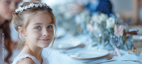 Beautiful young girl in white dress in restaurant celebrating her First  Holy Communion. Banner with copyspace. Shallow depth of field.