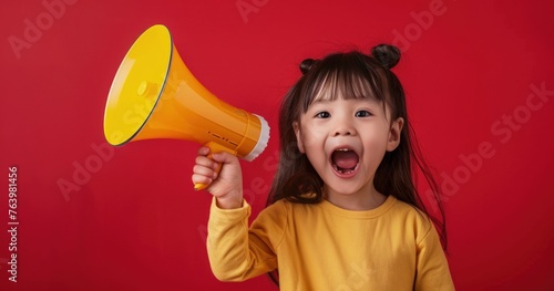 Asian child holding a megaphone and shouting, concept of children's day, communication. photo