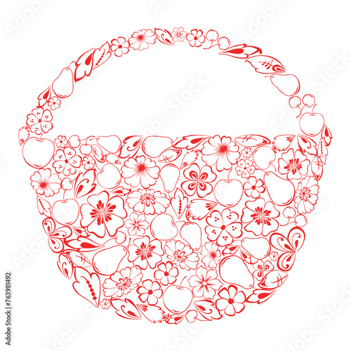 Basket silhouette fruits flowers leaves outline drawings abundance symbol abstract design element vector illustration isolated on white