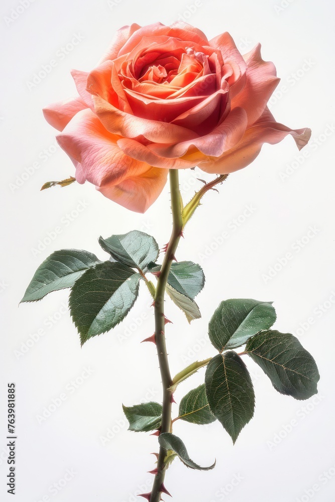 Fototapeta premium One rose on an isolated white background. Close-up photography