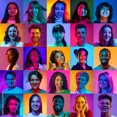 Collage made of portraits of positive people of different age, gender and nationality on multicolored background in neon light. Concept of human emotions, diversity, youth, happiness