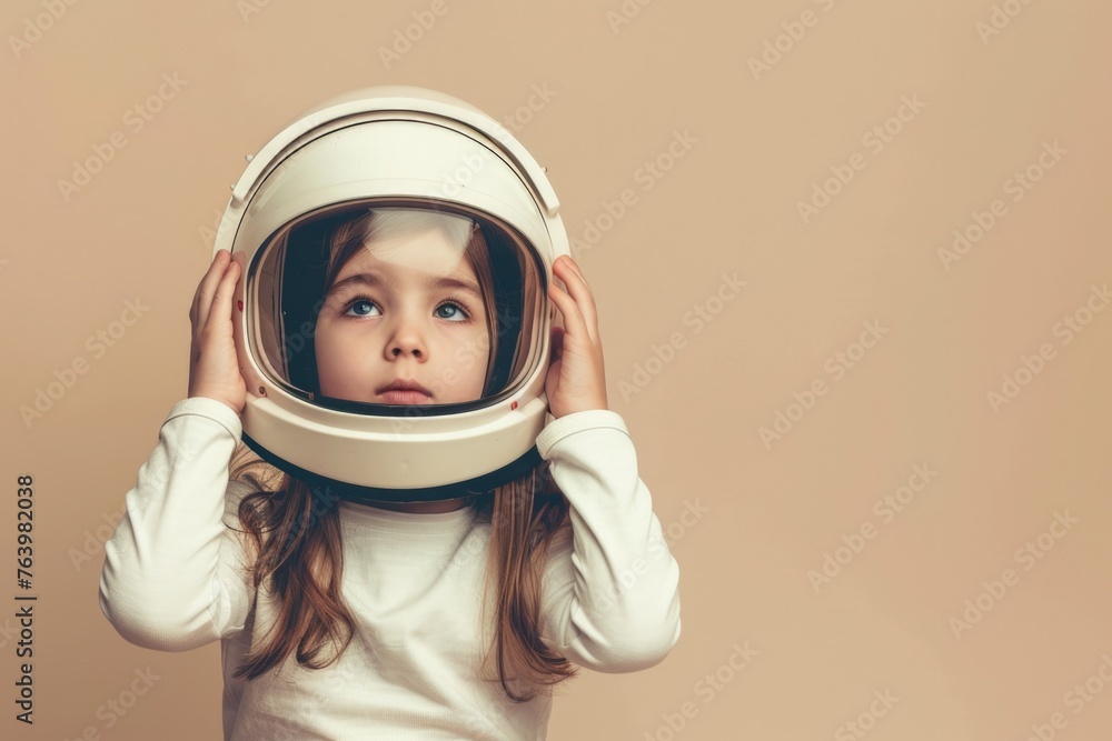 Child with astronaut helmet, children's day concept, fun and adventure, beige background. Child with astronaut helmet, children's day concept, fun and adventure, beige background.