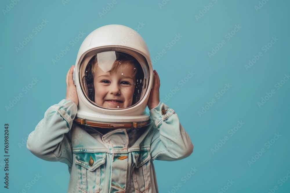 Child with astronaut helmet, children's day concept, fun and adventure, blue background. Child with astronaut helmet, children's day concept, fun and adventure, blue background.
