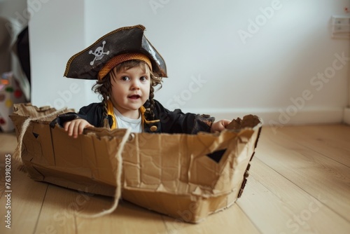 Child in a pirate outfit inside a boat made of cardboard, concept of Children's Day and fun. photo