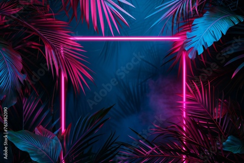 Tropical background with palm leaves and neon lights