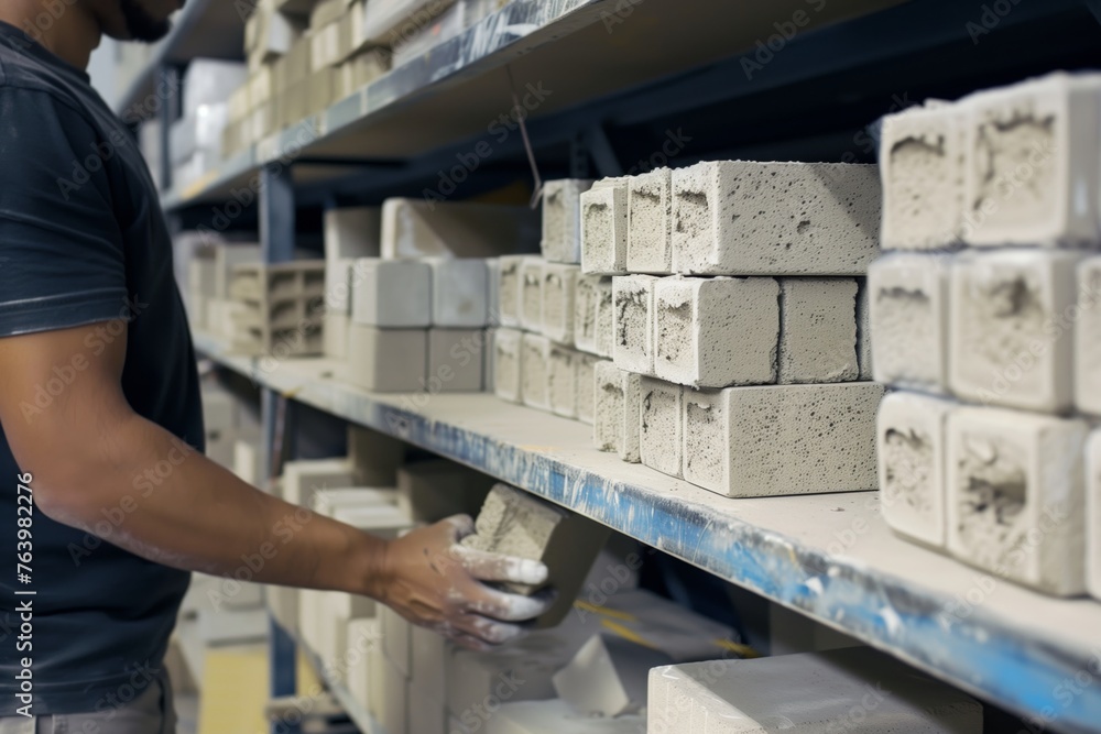 man arranging aerated concrete blocks on a storeroom shelf