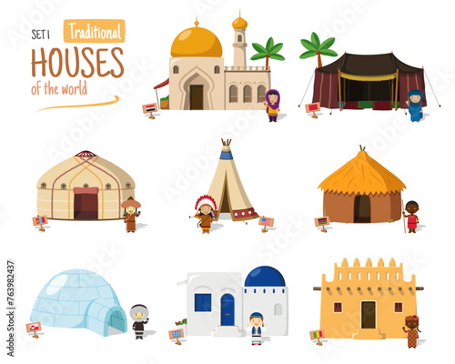 Vector illustration Set 1 of Traditional Houses of the World in cartoon style isolated on white background