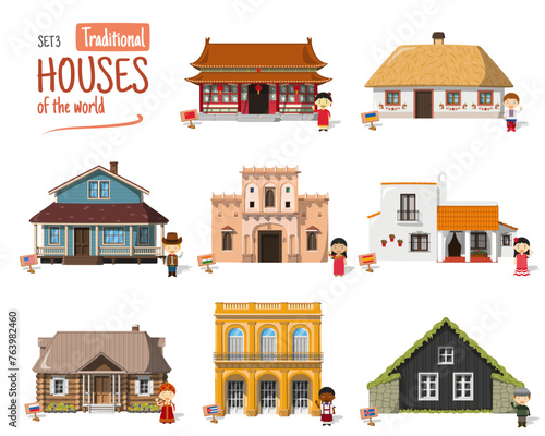 Vector illustration Set 3 of Traditional Houses of the World in cartoon style isolated on white background