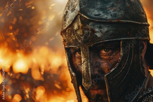 Spartan warrior with helmet, battlefield in the background on fire. photo