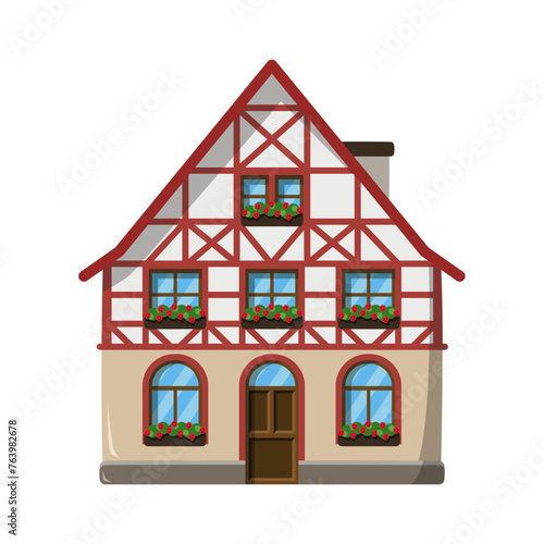 Vector illustration of a traditional Bavarian house in cartoon style isolated on white background. Traditional Houses of the World Series