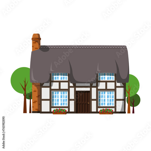 Vector illustration of a traditional United Kingdom Cottage in cartoon style isolated on white background. Traditional Houses of the World Series