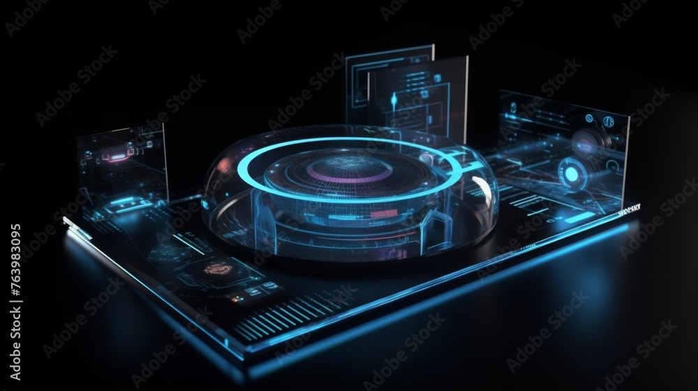 A conceptual holographic platform showcasing a detailed futuristic interface with intricate design and data analytics visualizations A conceptual holographic platform showcasing a detailed futuristic interface with intricate design and data analytics visualizations