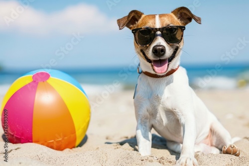 Dog with sunglasses on the beach with colorful ball, summer concept.