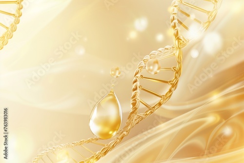 A gold and white background with a DNA strand and a drop of water