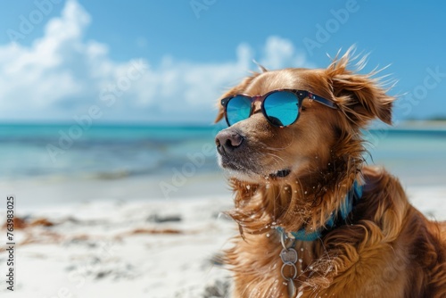 Dog with sunglasses on the beach, summer concept.