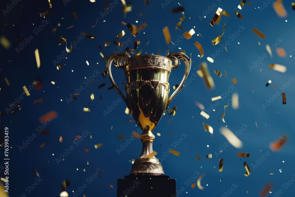 Golden trophy and falling confetti, sports, business and competition concept. Golden trophy and falling confetti, sports, business and competition concept.