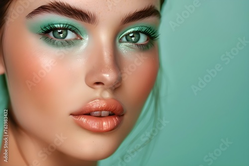 Makeup for a woman in Pale Mint color colors centered professional photo copy space. Concept Makeup  Pale Mint Colors  Professional Photo  Copy Space