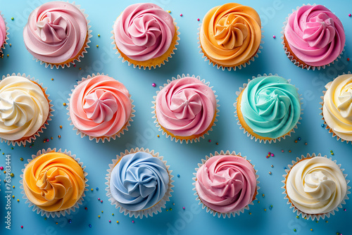 Banner with colorful cupcakes on isolated blue background  top view