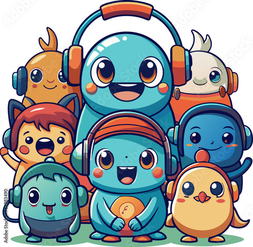 a group of doodle monsters listening to music on headphones vector illustration.