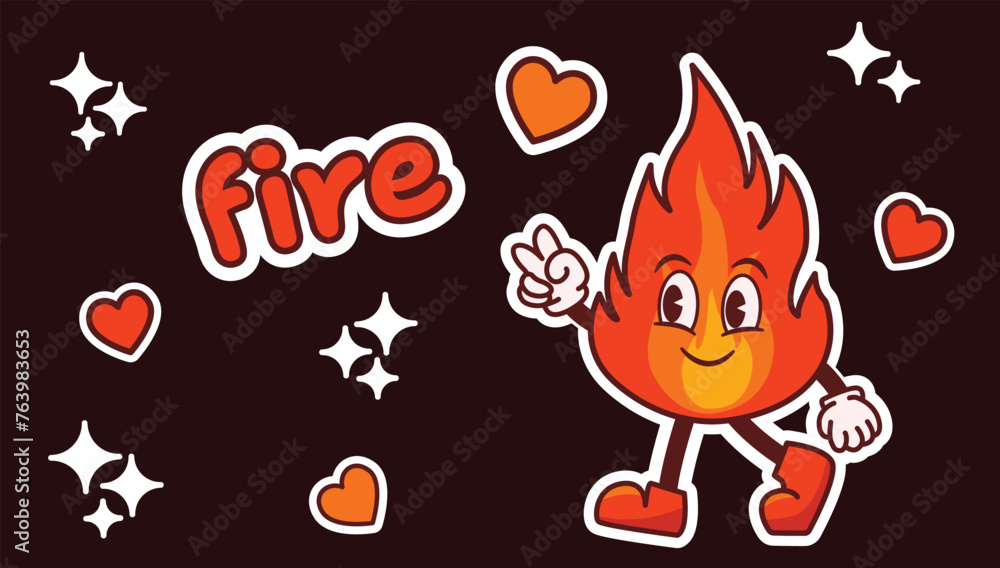 Fire character, funny vector character, stickers
in groovy style, vector illustration Fire character, funny vector character, stickers
in groovy style, vector illustration