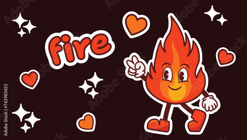 Fire character, funny vector character, stickers in groovy style, vector illustration