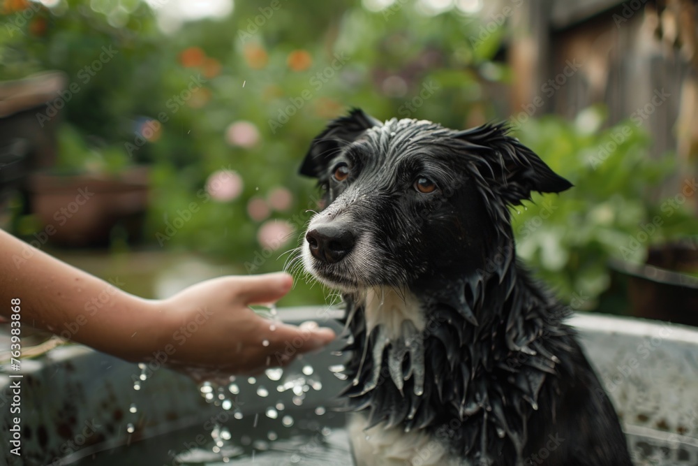 Hand of person bathing dog, garden in the background, animal care.