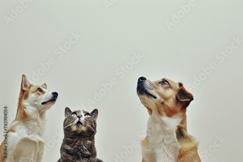 Three dogs and cat looking at each other on a white background