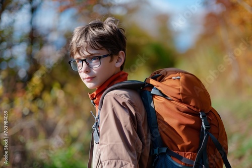 boy with glasses and a backpack hiking