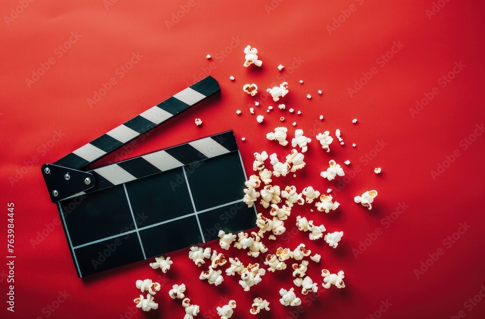 Fototapeta premium Red background with a clapper board and popcorn, cinema concept.