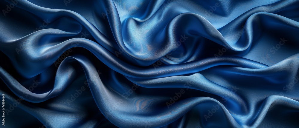 Silk satin background in dark blue with soft folds on shiny fabric. Wide banner with copy space, flat lay. Birthday, Christmas, Valentine's Day. - obrazy, fototapety, plakaty 