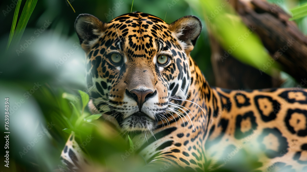 A jaguar cautiously peers out from a dense bush, its gaze fixed on the camera A jaguar cautiously peers out from a dense bush, its gaze fixed on the camera