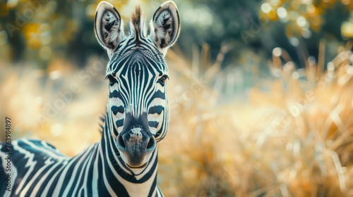 A zebra stands alert in a tall grass field, looking directly at the camera photo