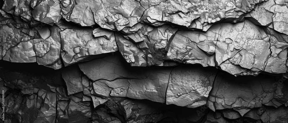 An image of black white rock texture. A rough mountain surface. A close-up of dark volumetric stone background. Crumbled. Weathered.