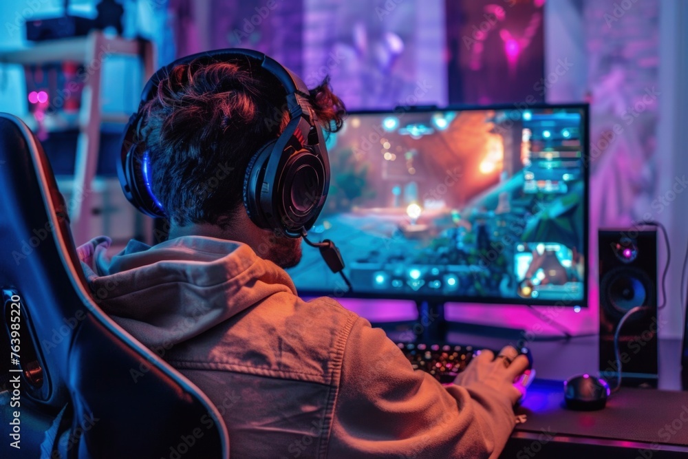 Young man with headphones playing on a gaming pc with neon lights, gaming concept, gamer setup. Young man with headphones playing on a gaming pc with neon lights, gaming concept, gamer setup.
