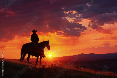 Silhouette of cowboy on horseback  sunset in the background  wild west concept.