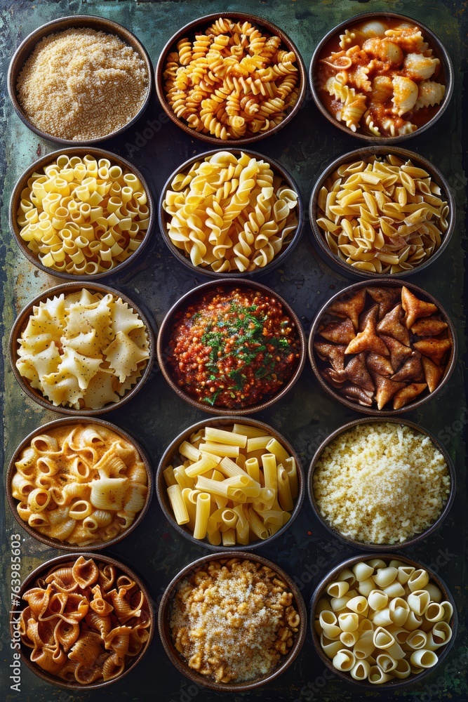 Assorted Pasta Bowls Overhead View Assorted Pasta Bowls Overhead View