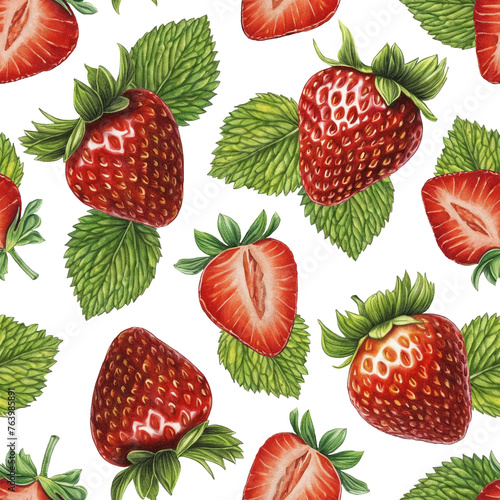 Seamless pattern design with llustrations of strawberries. Color pencil drawings. Perfect for product packaging, home textile, stationery and other goods (ID: 763985891)