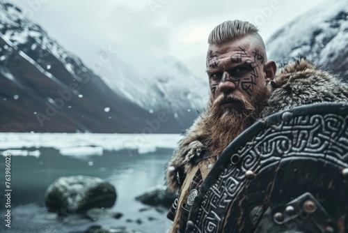 Viking warrior, lake and frozen mountains in the background.
