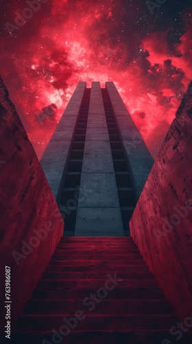 Dystopian Red Sky over Concrete Staircase