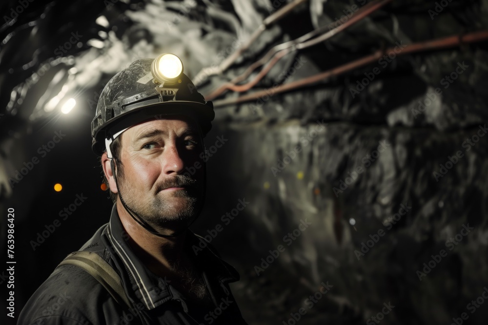 miner with hard hat and headlamp in a dark coal mine tunnel miner with hard hat and headlamp in a dark coal mine tunnel