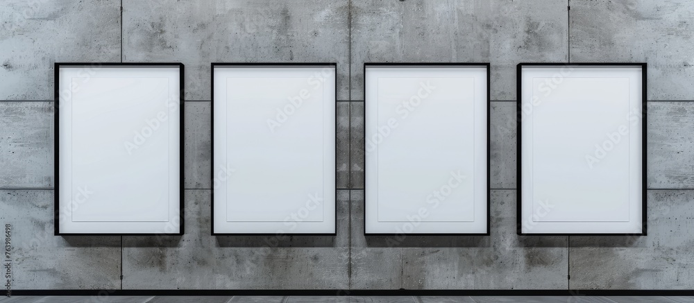 Four grey rectangular frames hang in parallel on a concrete wall facade, creating symmetry. The frames contrast with the muted tints and shades of the background, showcasing a sleek and modern design Four grey rectangular frames hang in parallel on a concrete wall facade, creating symmetry. The frames contrast with the muted tints and shades of the background, showcasing a sleek and modern design