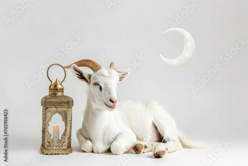 White goat next to a Moroccan lantern, feast of sacrifice concept, Eid-al-Adha.