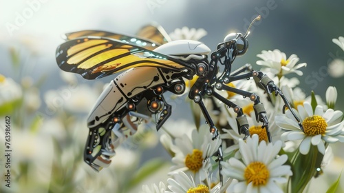 A robotic butterfly with intricate wing patterns alights on daisy flowers, a fusion of advanced technology and the natural world in spring.