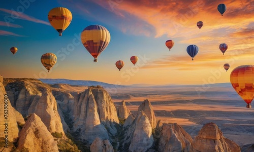 Hot air balloons float majestically over Cappadocia's unique rock formations, painted by the warm hues of sunrise. AI generation