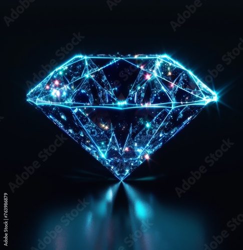 A blue diamond with a blue light shining on it