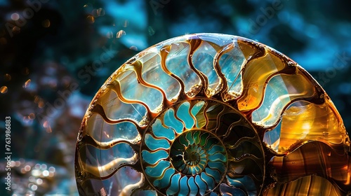 Fossil blue and brown ammonite spiral pattern shell isolated on blurred background